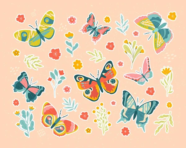 Schmetterlinge und Blumen Sticker — Stockvektor