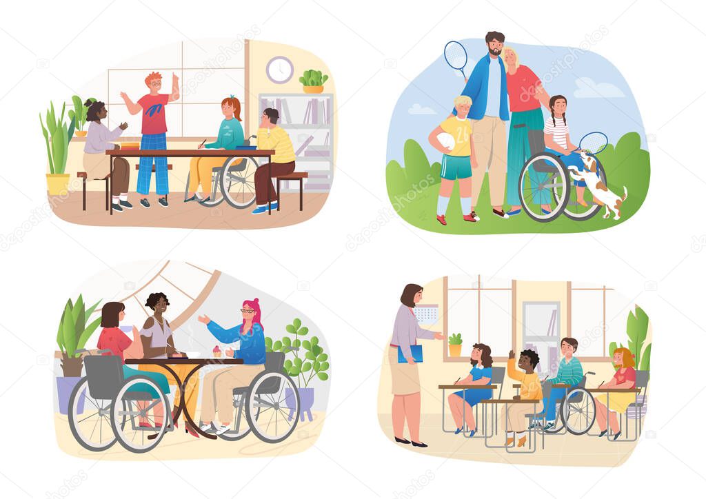 Set of people with disabilities in public place