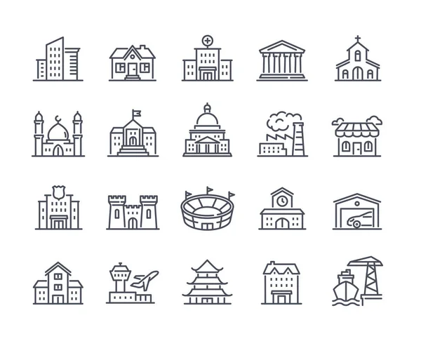 Conjunto simple de iconos con edificios de estilo lineal — Vector de stock