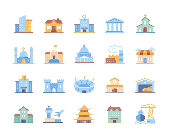 Colorido conjunto de iconos con diferentes edificios — Vector de stock