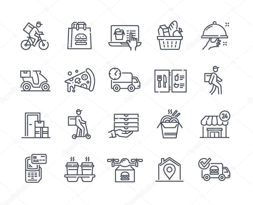 Food delivery thin line icon set