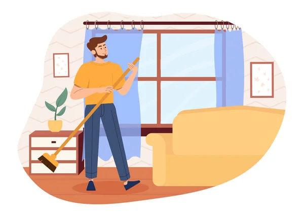 Hombre limpieza en casa — Vector de stock