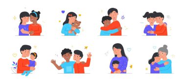 Çocuklar, ebeveynler ve küçük arkadaşlar arasında sıcak bir kucaklaşma.