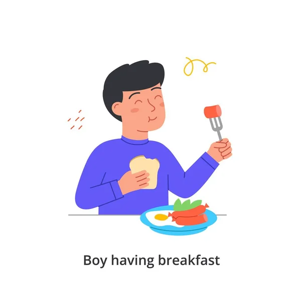Çocuk kahvaltı yapıyor ya da öğle yemeği yiyor. — Stok Vektör