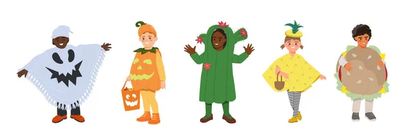 Conjunto de niños en trajes divertidos y aterradores para la fiesta de Halloween — Vector de stock