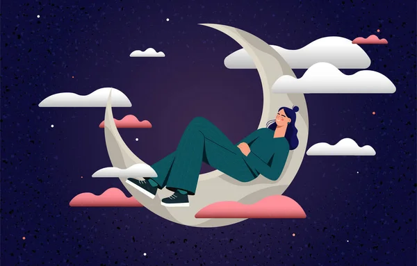 달에서 자고 있는 귀여운 소녀 추상적 개념 — 스톡 벡터