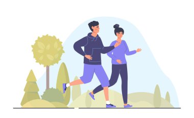 Yaz parkı konseptinde koşan mutlu çift. Spor giyinen erkek ve kadın kardiyo yapıyor, maraton koşuyor ya da koşuyor. Karı koca fiziksel egzersiz yapıyorlar. Çizgi film düz vektör çizimi