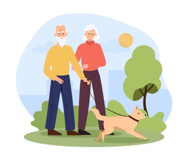 Yaşlı çiftler dışarıda vakit geçirir. Mutlu kıdemli karı ve koca parkta köpeklerini gezdiriyorlar. Gri saçlı sevimli büyükanne ve büyükbaba. Çağdaş düz vektör çizimi
