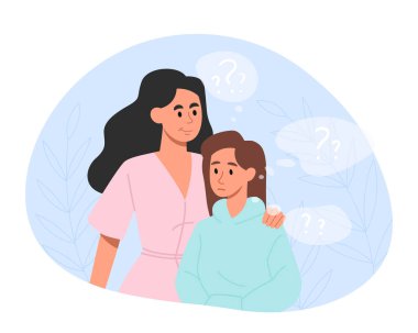 Aile destek konsepti. Anne kızına sarılıyor ve onun hikayelerini dinliyor. Psikolojik yardım, iyi bir ilişki. Cevaplanmamış sorularla kafası karışmış bir genç. Çizgi film düz vektör çizimi