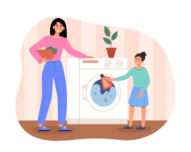 Oda servisi kavramı. Anne ve kızı bir şeyler yıkıyor, küçük yardımcı. Ev işleri, rutin işler, temizlik. Çamaşırları yıkanmış bir kadın ve pudralı bir çocuk. Çizgi film düz vektör çizimi