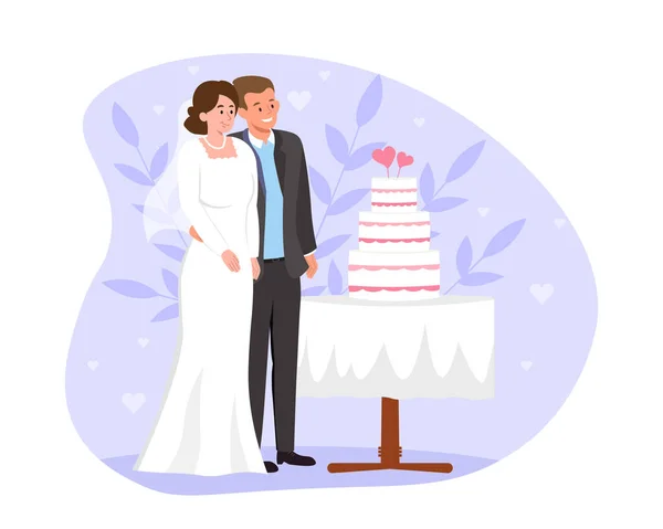 Een Paar Pasgetrouwden Man Meisje Voor Bruidstaart Personages Het Register — Stockvector