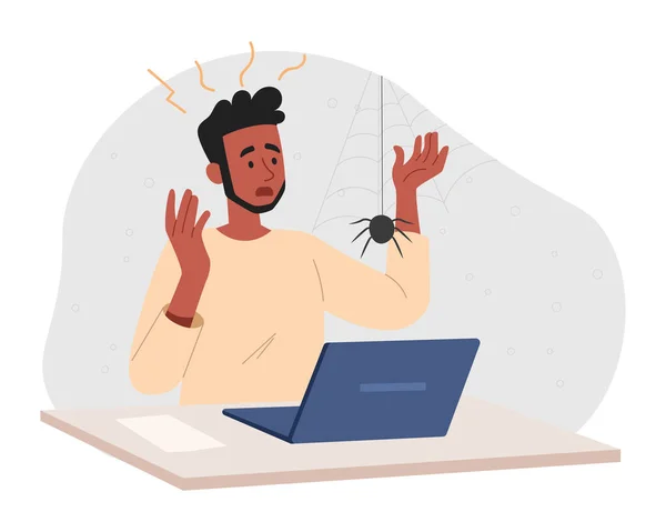 Medo Aranhas Homem Senta Computador Portátil Personagem Distraído Por Insetos — Vetor de Stock