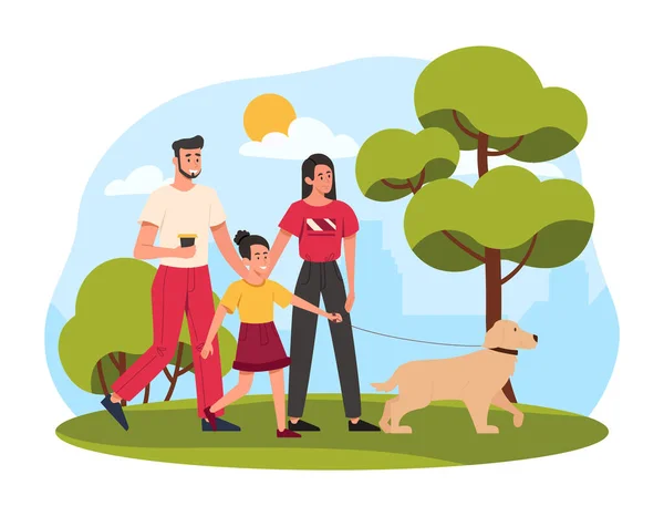Feliz Familia Caminando Hombre Mujer Niña Perro Ciudad Parque Ciudad — Vector de stock