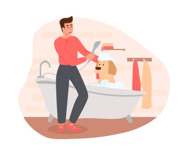 Adam köpeği yıkıyor. Sahibi hayvanına bakar, hayvanları sever. Tuvalet sahnesi, günlük ev işleri, hijyen, rutin işler. Şehir veya şehir parkında yürüdükten sonra karakterler. Çizgi film düz vektör çizimi