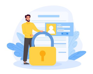 Belgeyi imzalayan kişi. Genç adam kullanıcı adı ve belgeye erişmek için şifreyle geliyor. Kişisel verilerin korunması, kimlik doğrulama ve yetkilendirme, gizli. Çizgi film düz vektör çizimi