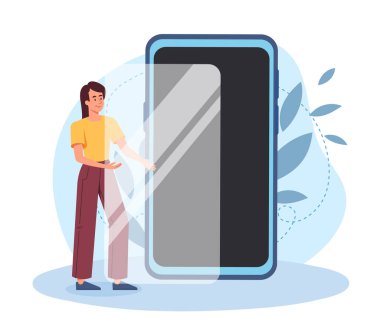 Camları ekrana veriyorum. Akıllı telefon için modern teknoloji ve aksesuarlar. Korumayı bırak, güvenilirlik. Rahatlık ve rahatlık. Gadget ve Cihaz Buluşları. Çizgi film düz vektör çizimi