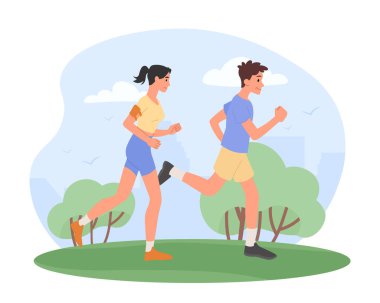 Gençler koşuyor. Şehir parkında erkek ve kız, fitness ve aktif yaşam tarzı. Antrenman ve sporcular maratona hazırlanıyor. Doğada hafta sonu. Çizgi film düz vektör çizimi