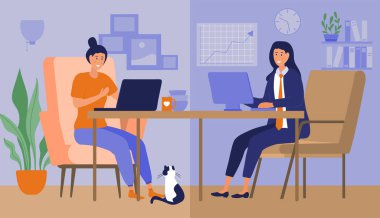 Melez işyeri. Serbest çalışan, ofis çalışanı, uzaktan çalışan ve modern teknolojiye karşı. Menajer ve ev hanımı, kız içeride. Rahat bir iş yeri, ev ya da ofis. Çizgi film düz vektör çizimi