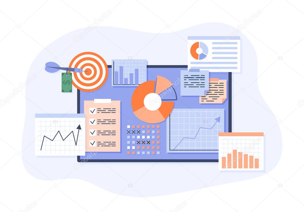 Business strategy concept. Board with notes, planner for busy people, business reminder. Modern technologies and digital world. Program for working with statistics. Cartoon flat vector illustration
