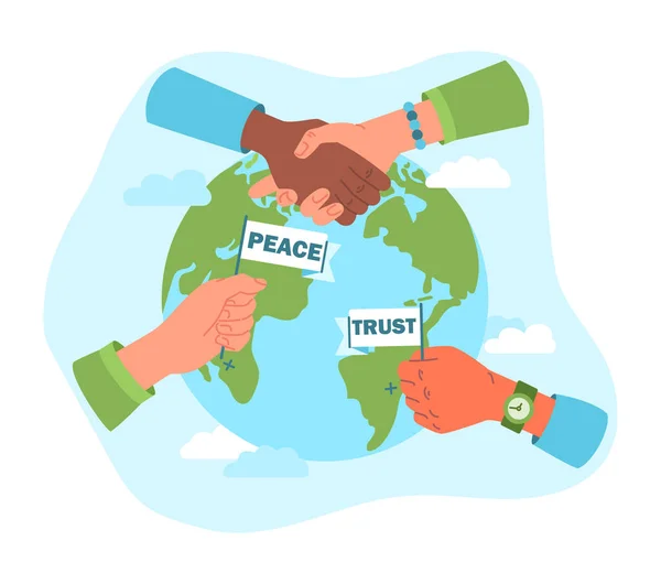 和平与信任 不同种族和民族的人握手 尊重和支持 国际交易和全球化的后果 卡通平面矢量插图 — 图库矢量图片