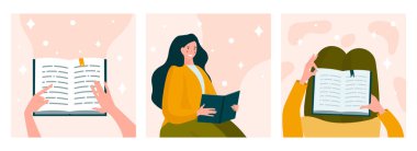 Biraz daha kitap oku. Kitaplı bir kızla resim koleksiyonu. Eğitim ve kişisel gelişim, posterler ve afişler. Edebiyat aşkı. Beyaz arkaplanda izole edilmiş çizgi film düz vektör çizimleri