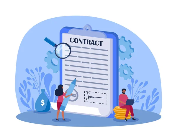 Ondertekend Contract Concept Vergrootglas Documenten Papier Notities Notities Internetdeal Metafoor — Stockvector