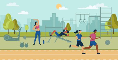 Açık havada eğitim kavramı. Spor sahası, bahar ve yaz sezonu. Karakterler koşuyor, kız basını sallıyor, kadın ısınıyor. Zayıflama ve yanan yağ, aktif yaşam tarzı. Çizgi film düz vektör çizimi