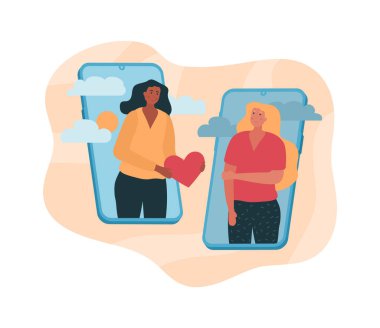 Kadın dişiye destek oluyor. Akıllı telefonlar, sosyal ağlar ve internetteki kızlar. Destek, ilgi ve sevgi. Hayırseverlik, kadın dayanışması. İnternetteki arkadaşlar ve iletişim. Çizgi film düz vektör çizimi