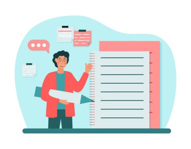 Adam notlar yazıyor. Tabletin yanında kalem tutan gözlüklü genç adam. Notlar ve planlama, zaman yönetimi ve hedef belirleme. Öğrenci, öğrenim ve eğitim. Çizgi film düz vektör çizimi