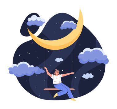 Rüya görme kavramı. Yıldızlı gökyüzü salıncakta sallanıyor. Hayal gücü ve özgürlük. Rüyalar ve iyileşme. Kadın dilek tutar, hedef belirleme metaforu. Çizgi film düz vektör çizimi