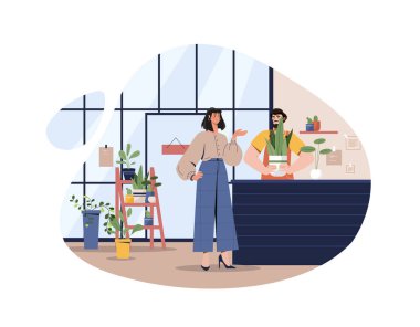 Çiçekçi dükkanındaki kadın. Çiçekçiler ve bitki severler için alışveriş. Bahçıvan adayı, güzellik ve oda dekorasyonu aşkı. Müşteri ve satıcı kasanın yanında, danışman. Çizgi film düz vektör çizimi