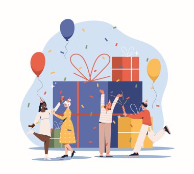 Doğum günü partin kutlu olsun. Büyük hediyeli renkli bir poster, konfeti, balonlar ve gülümseyen dansçılar. Tebrik kartı veya web sitesi için tasarım ögesi. Çizgi film modern düz vektör çizimi