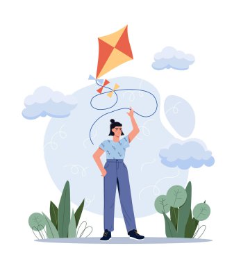 Uçurtmalı genç kız. Şehir parkındaki karakter, açık hava eğlencesi, aktif yaşam tarzı ve hafta sonları. Gökyüzündeki oyuncaklar, uçuşlar ve hayaller, fantezi. Temiz hava ve açık hava. Çizgi film düz vektör çizimi