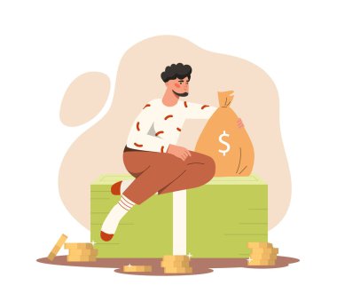 Para çantalı adam. Tasarruf ve kârlı iş adamı. Başarılı bir girişimci ya da yatırımcı. Uygun yatırımlar ve finansal okur yazarlık, madeni paralar ve banknotlar. Çizgi film düz vektör çizimi