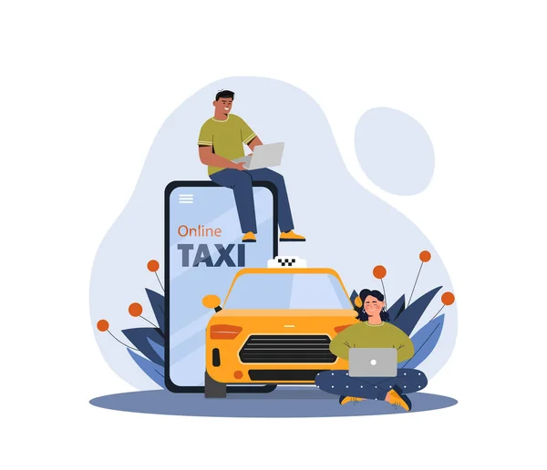 Online Pojetí Taxi Muž Dívka Notebooky Sedí Auta Moderní Technologie — Stockový vektor