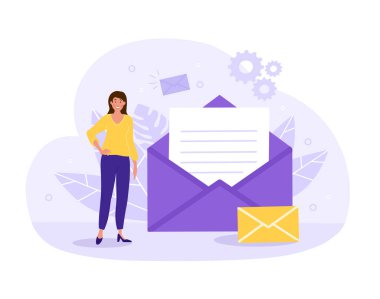 İş mesajı konsepti. Zarfın yanında duran kız. İnternet 'te iş mektupları ve promosyonlar. SEO uzmanı ya da modern pazarlama, şirket geliştirme. Çizgi film düz vektör çizimi