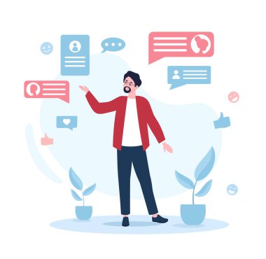 İş konuşmacısı konsepti. Başarılı konuşmacı, konuşmacı, konuşma ve motivasyon eğitimi. Şirket geliştirme ve motivasyon. İnternet ve internet kursları. Çizgi film düz vektör çizimi