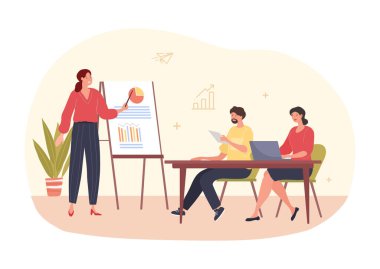 İş konferansı konsepti. Toplum önünde konuşma, sunum yapan kız, bilgi panosunun yanında işaretli karakter. Beyin fırtınası, analitik ve çalışan eğitimi. Çizgi film düz vektör çizimi