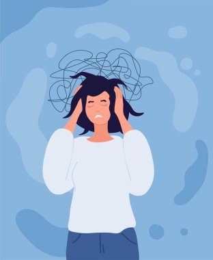 Hüsrana uğramış kadın konsepti. Panik ve korku içindeki bir kız. Psikolojik sorunlar, zorluklar, rahatsızlık. Serseri ve depresyon, yalnızlık, panik ve stres, tükenme. Çizgi film düz vektör çizimi