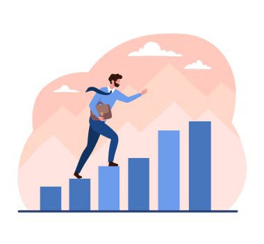 Adam yukarı çıkıyor. İşadamı artan sütuna tırmanıyor, şirket gelişimi ve gelir artışı metaforu. Başarılı girişimci ya da yatırımcı, finansal okur yazarlık. Çizgi film düz vektör çizimi