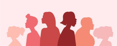 Kadın profili. Soyut siluet kalabalığı. Feminizm ve kadın gücü. Uluslararası tatil için bir poster. Birlik ve eşitlik, hoşgörü ve ileri toplum. Çizgi film düz vektör çizimi