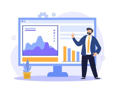 İstatistikleri olan bir adam. Genel konuşma, yönetici grafik ve çizelgelerle monitörün önünde duruyor. Finansal okuryazarlık ve yatırım verimliliği. Web sitesi tasarımı. Çizgi film düz vektör çizimi