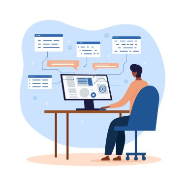 Bilgisayardaki genç programcı. Adam program için kod ya da site için arayüz yazar. Program geliştirme, serbest çalışan ve birlikte çalışan. Uzaktan kumandalı işçi teknik sorunları çözer. Çizgi film düz vektör çizimi