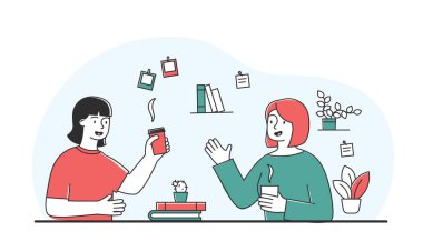 Kadınlar birlikte içer. İki kız arkadaş çay ya da kahveyle birlikte, rahat ve rahat bir odada. İletişim, karakterler son haberleri, dedikoduları ve söylentileri tartışıyor. Çizgi film düz vektör çizimi