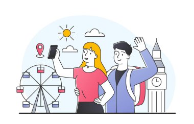 Gezici tatil konsepti. Erkek ve kız, kentin simgelerine karşı selfie çekiyorlar. Geri kalan turistler, başka bir ülke. Eğlence parkı, eğlence ve tatil. Çizgi film düz vektör çizimi