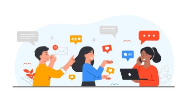 Sosyal medya hayatı. Kızlar iletişim, modern teknolojiler ve internet sohbetleri. Uzaktan haberleşme için kuryeler ve uygulamalar. Arkadaşlar haberleri tartışıyor. Çizgi film düz vektör çizimi