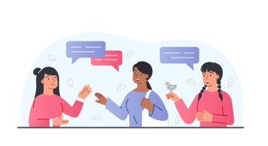 Üç kız sohbet ediyor. Kız arkadaşlar internet sitesi için haberleri, afişleri ya da afişleri paylaşırlar. Öğrenciler son bilgileri tartışıyor, parkta buluşuyorlar, hayvanları ve hayvanları seviyorlar. Çizgi film düz vektör çizimi