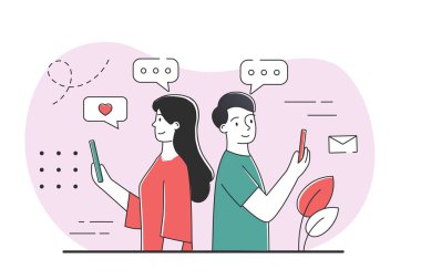 Sanal arkadaşlık kavramı. Akıllı telefonlu kız ve erkek. İnternet iletişimi ve modern teknolojiler. Çevrimiçi sohbet, sosyal ağlar ve anında kuryeler. Çizgi film düz vektör çizimi