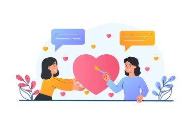 Gönüllü olma kavramı. Kızlar kalp verir, dünyayla ilgilenir ve sadaka verir. Zor durumdaki insanlar için finansal destek fonu metaforu. Site için poster. Çizgi film düz vektör çizimi