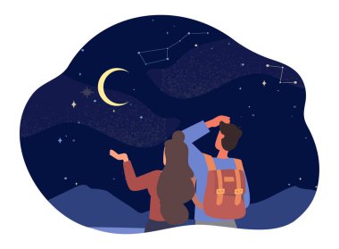 İyi geceler genç çift. Erkek ve kadın gökyüzüne bakar, romantik bir çift, karakterler dilek tutarlar. Fantezi ve hayal gücü, galaksiler ve takımyıldızları. Çizgi film düz vektör çizimi